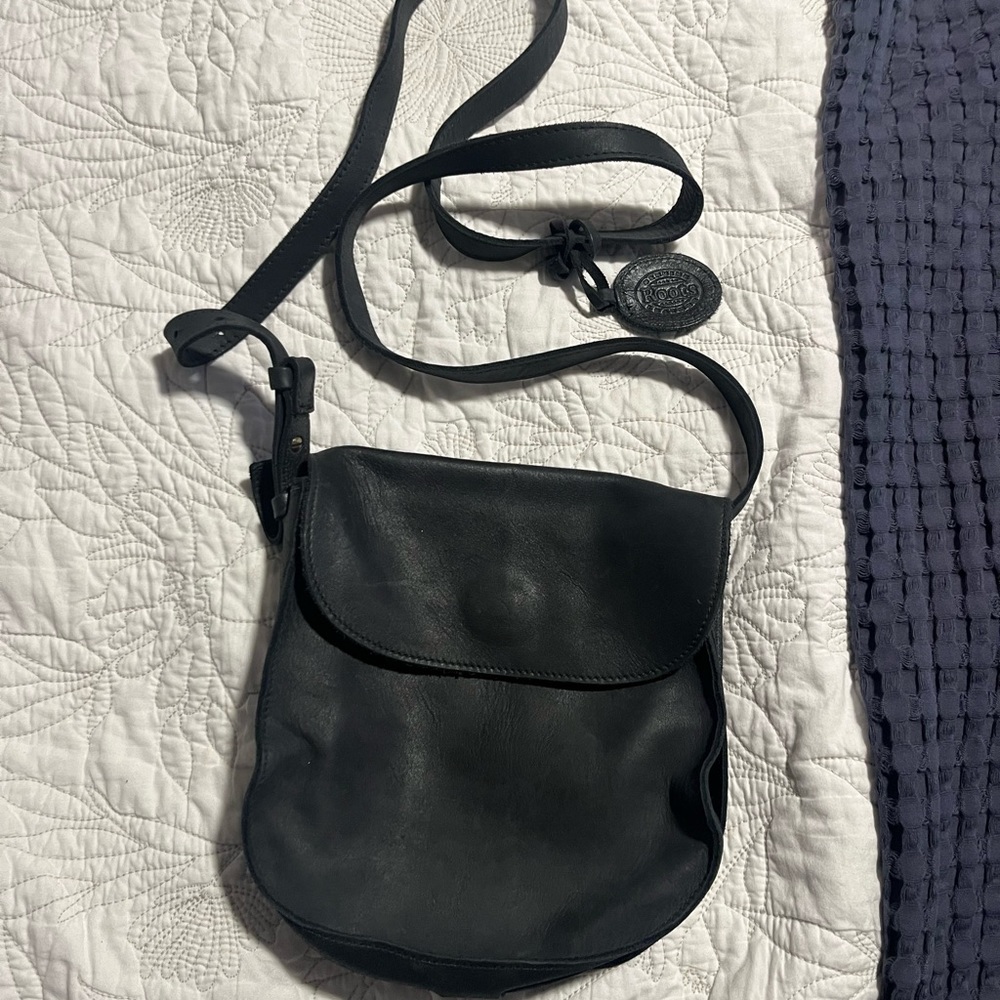 Roots black genuine leather flap crossbody